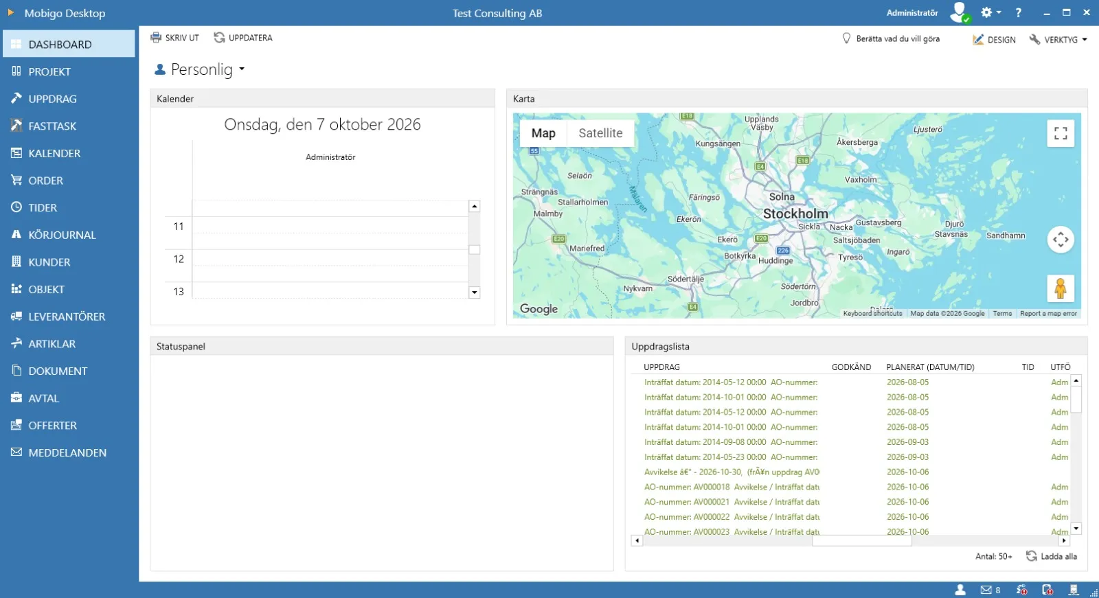 Mobigo Desktop – dashboard med kalender, karta och uppdragslista